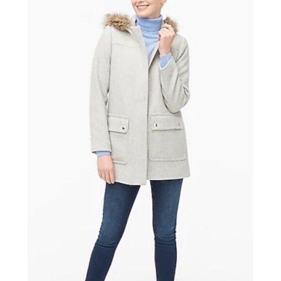 J. CREW Factory Woman's Sz 0 Vail Gray Beige Wool Blend Faux Fur Trim Parka Coat - Picture 1 of 15